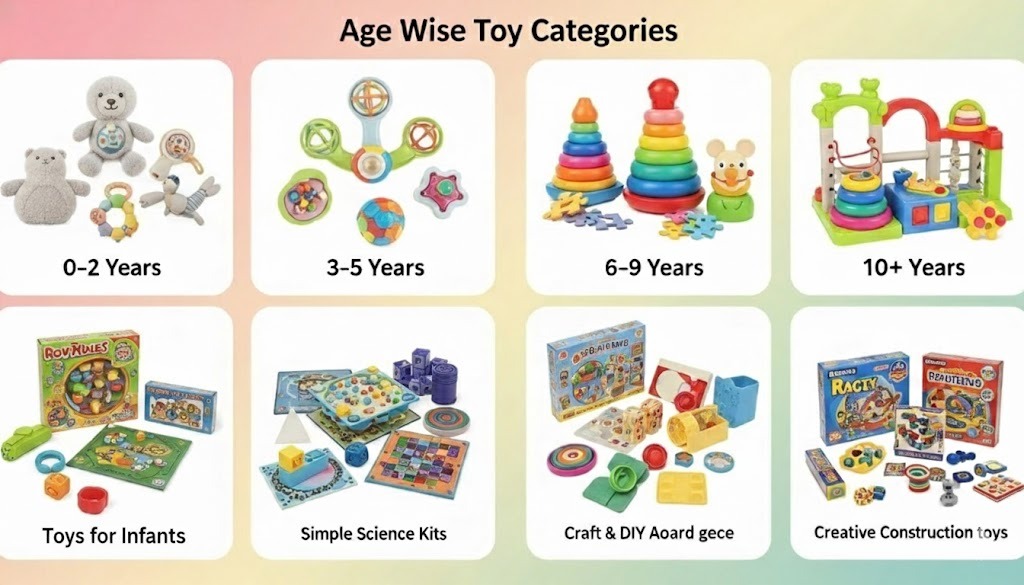 Age-wise toy selection guide showing safe and educational toys for kids of different age groups