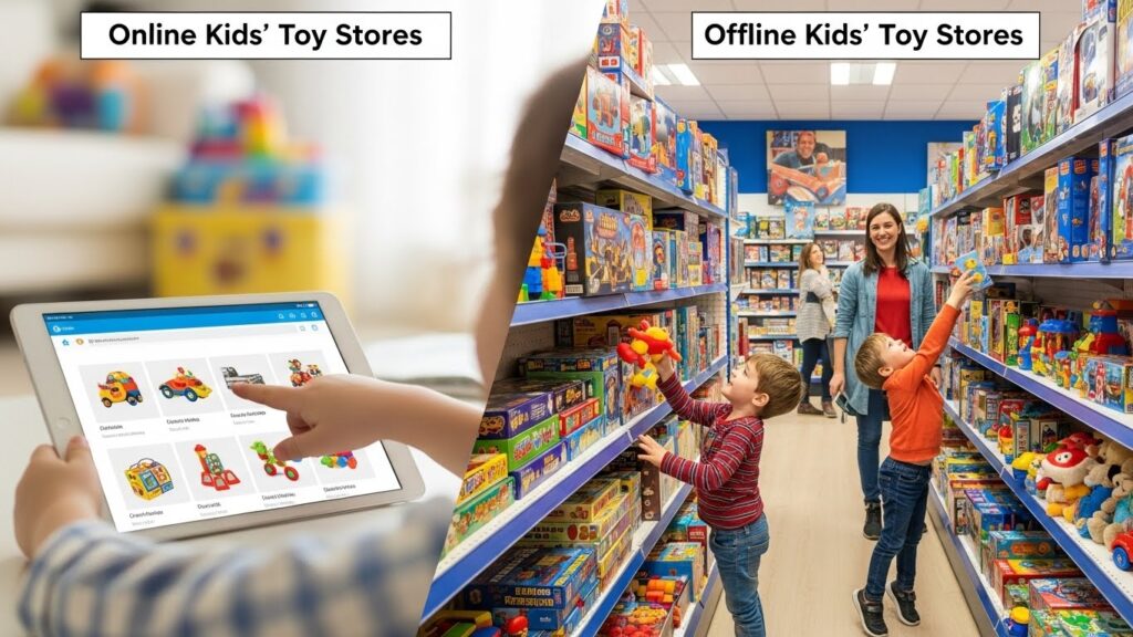 Comparison between online and offline kids toy stores showing convenience, variety, and in-store shopping experience.